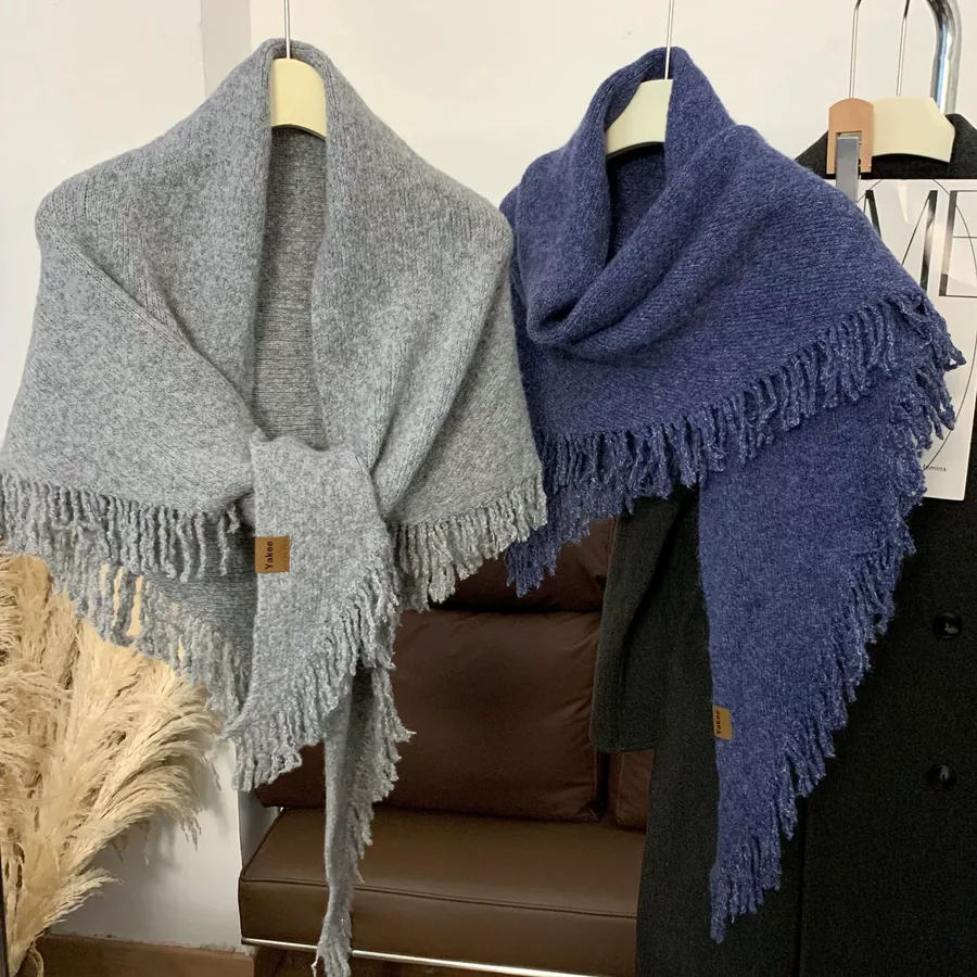 Knitted Wool Fringed Triangle Scarf
