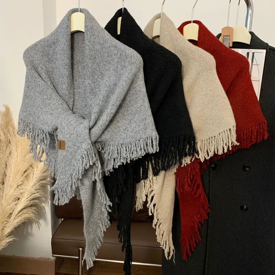 Knitted Wool Fringed Triangle Scarf view 2