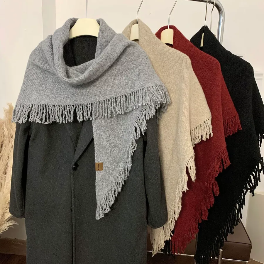 Knitted Wool Fringed Triangle Scarf view 3