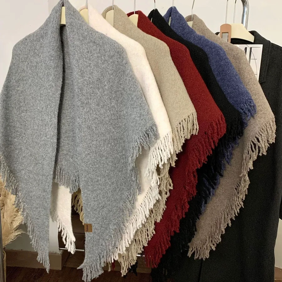 Knitted Wool Fringed Triangle Scarf view 4