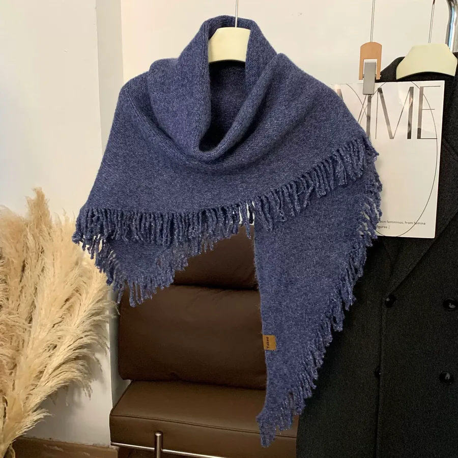 Knitted Wool Fringed Triangle Scarf view 6
