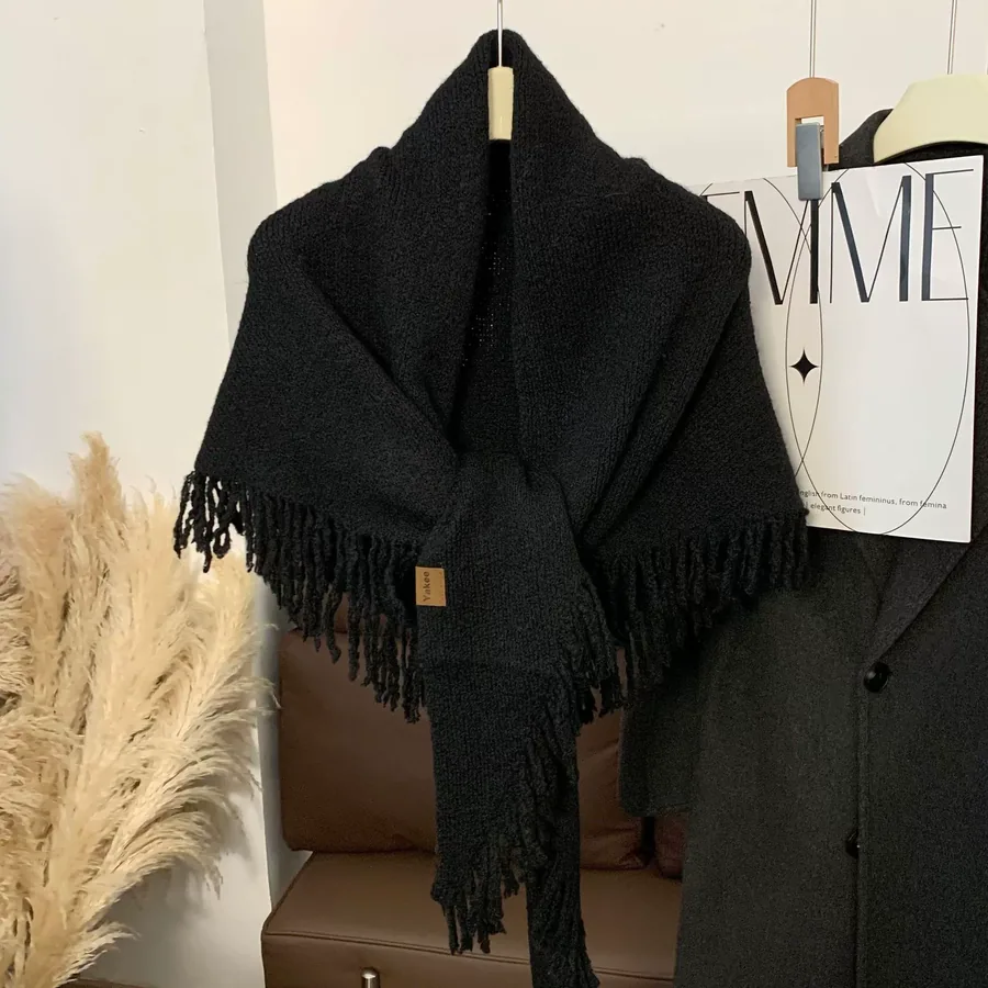 Knitted Wool Fringed Triangle Scarf view 7