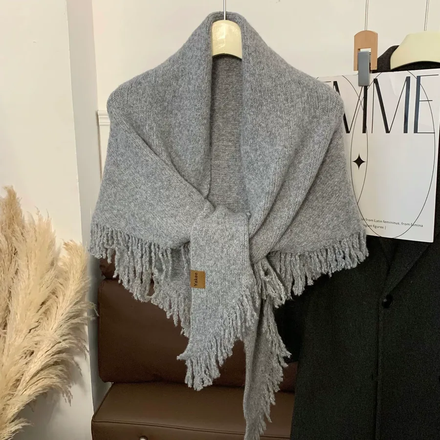 Knitted Wool Fringed Triangle Scarf view 8