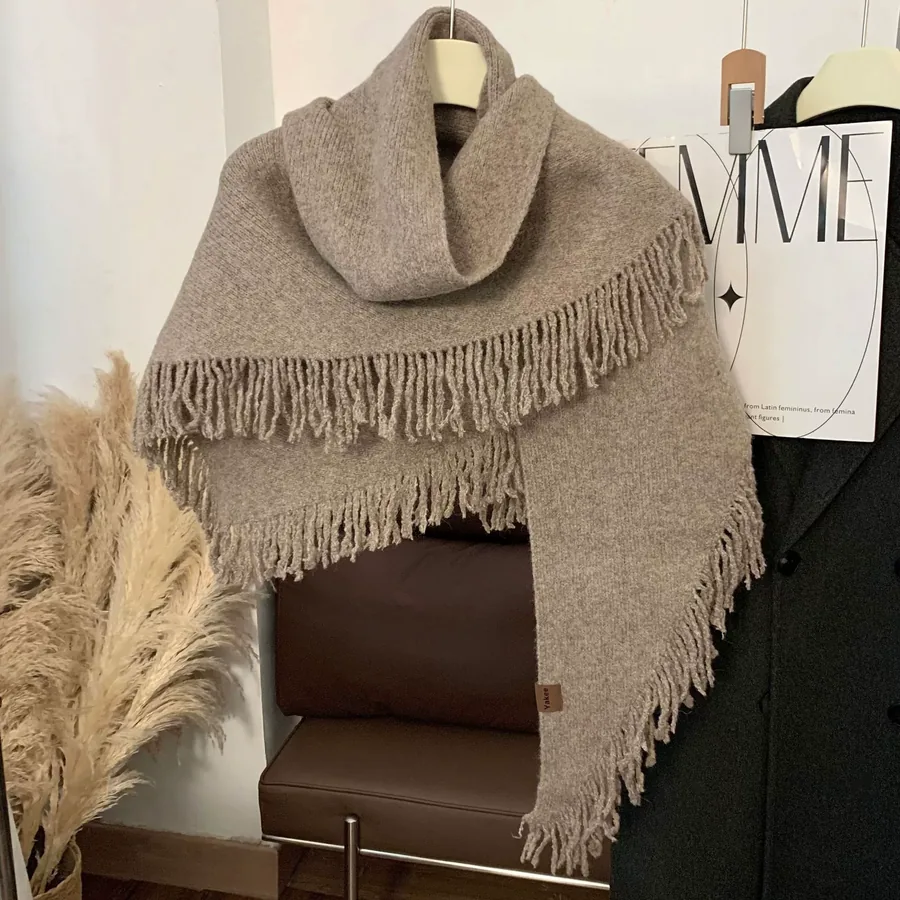 Knitted Wool Fringed Triangle Scarf view 9