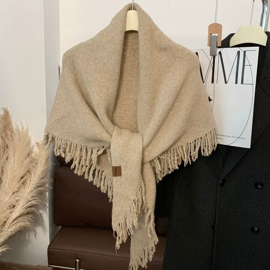 Knitted Wool Fringed Triangle Scarf view 10