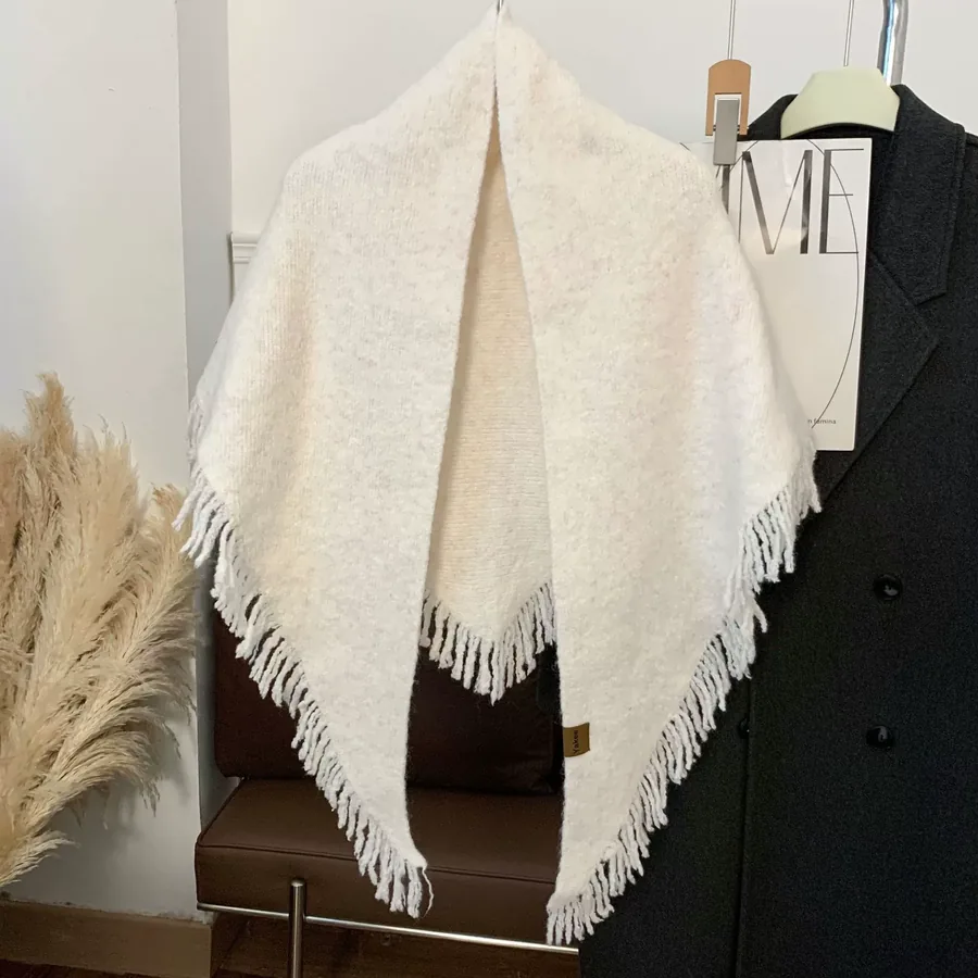 Knitted Wool Fringed Triangle Scarf view 11