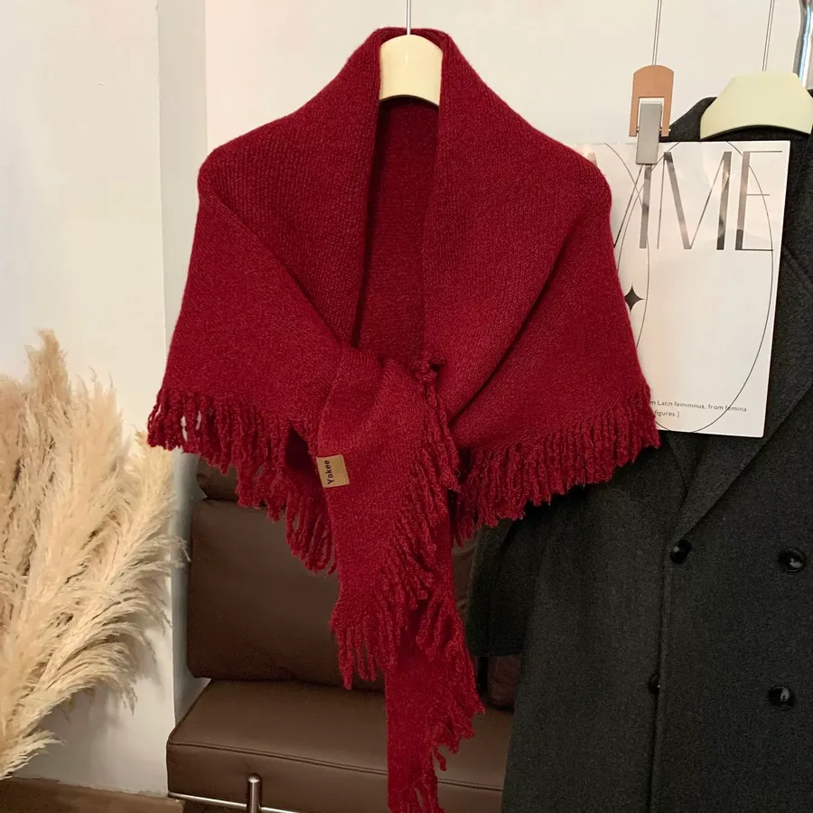 Knitted Wool Fringed Triangle Scarf view 12