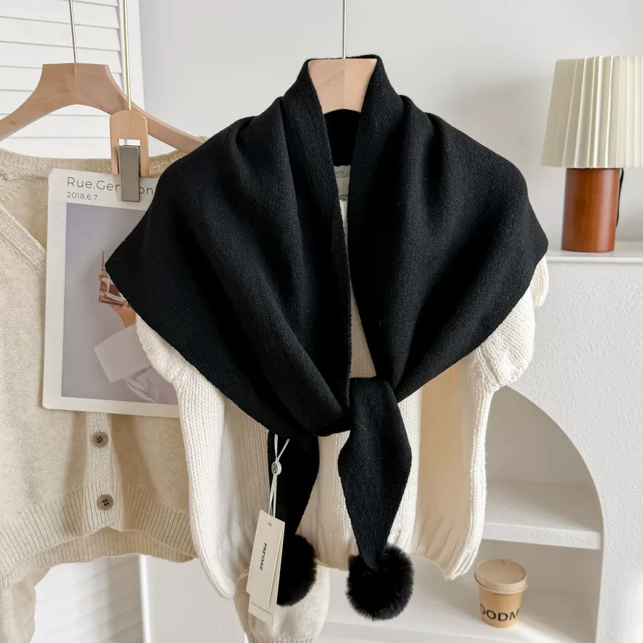 Knitted Pom Pom Triangle Scarf view 6