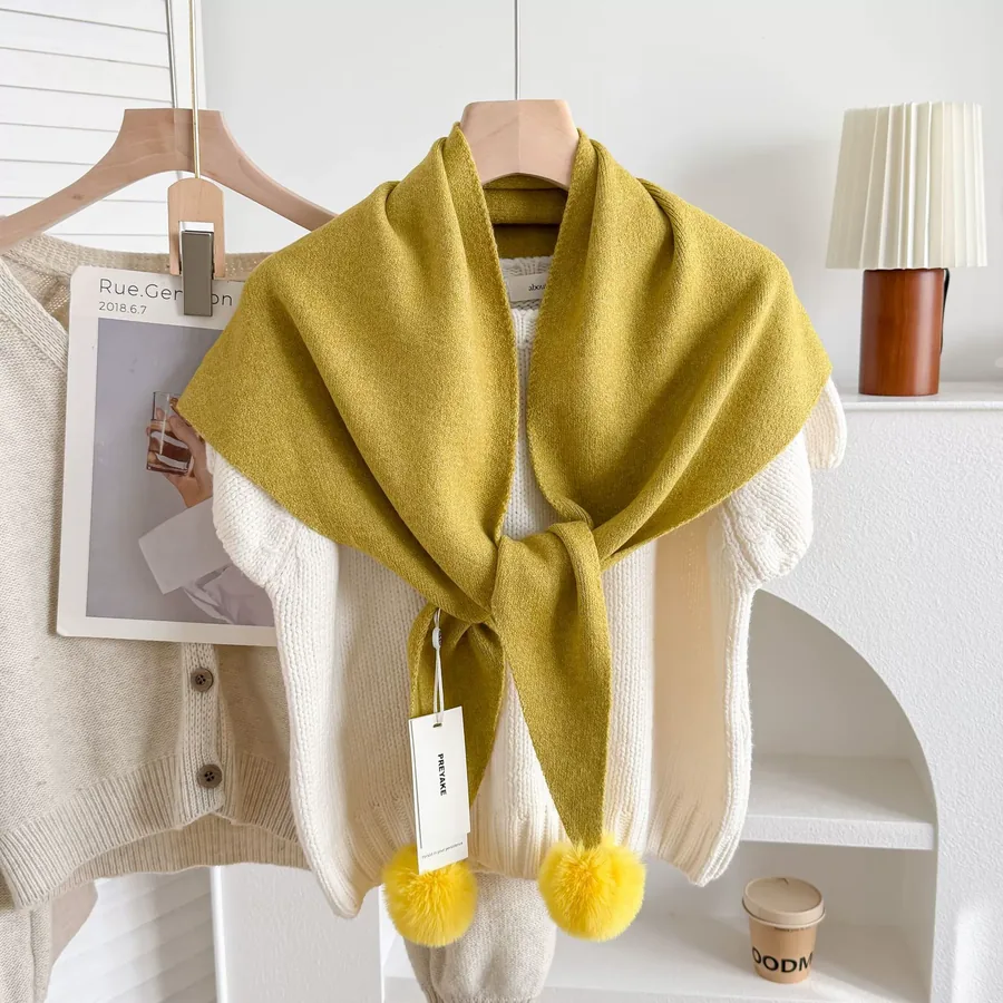 Knitted Pom Pom Triangle Scarf view 8