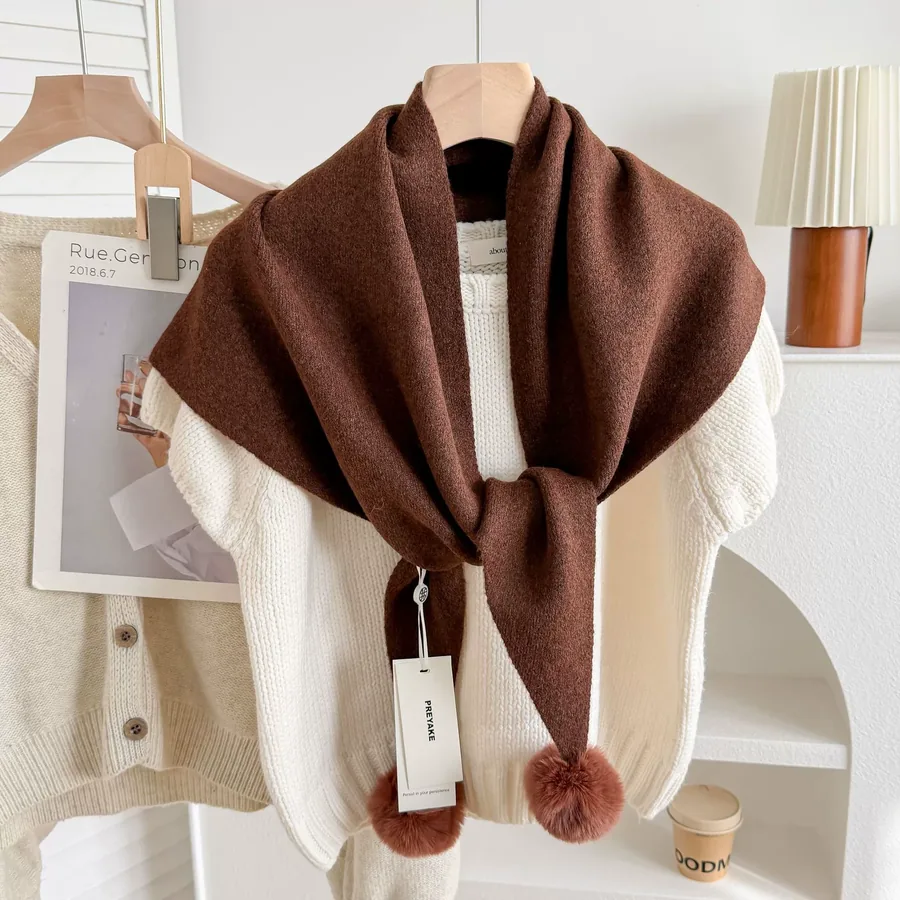 Knitted Pom Pom Triangle Scarf view 9