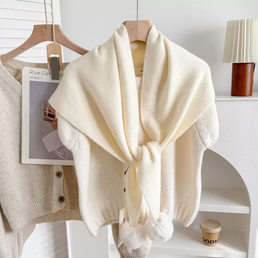 Knitted Pom Pom Triangle Scarf view 10