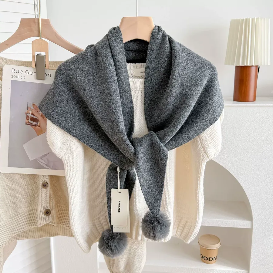 Knitted Pom Pom Triangle Scarf view 11