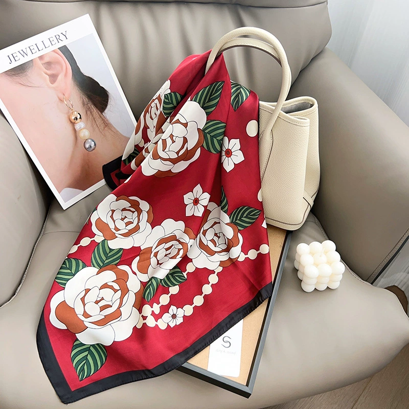 Floral Print Scarf with Pearl Chain