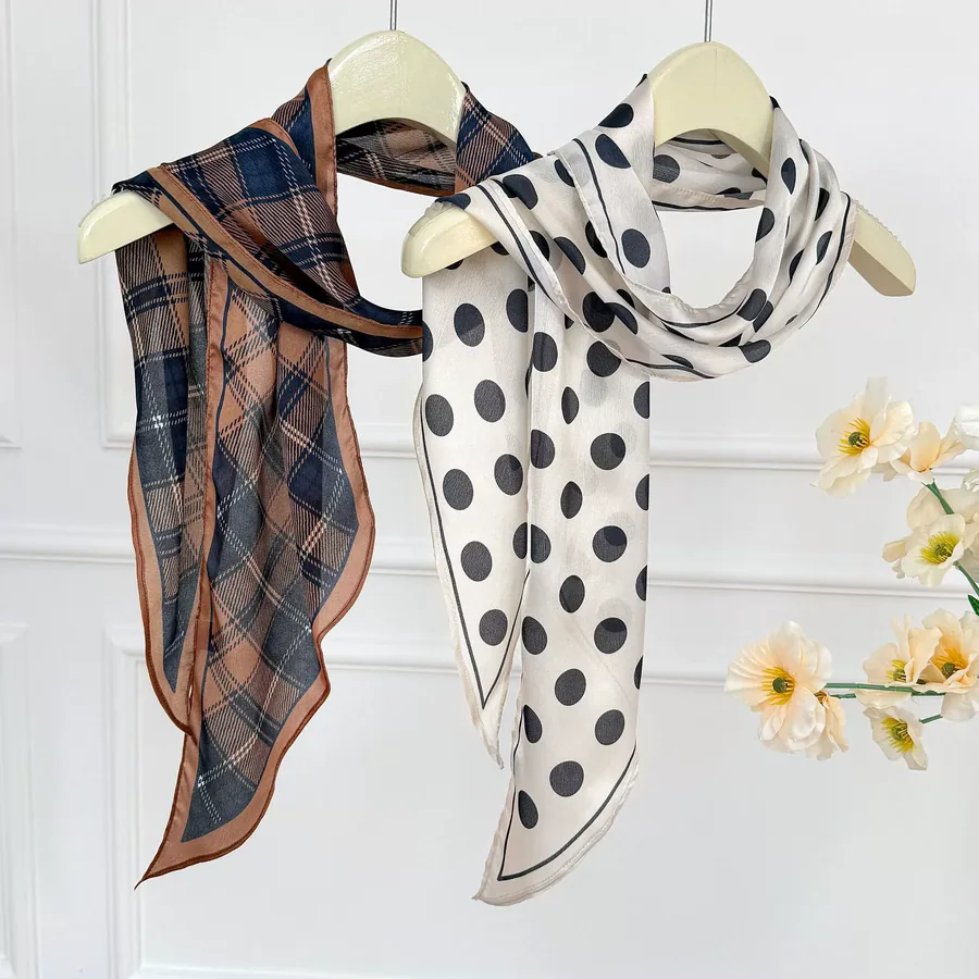 Polyester Scarf with Check and Polka Dot