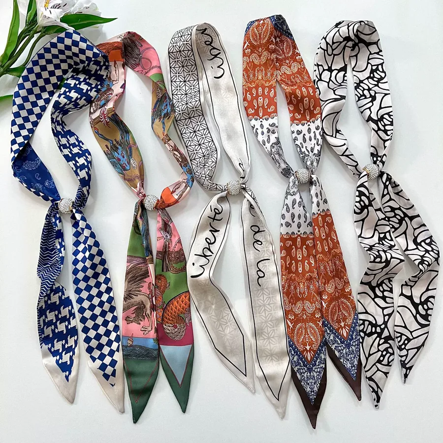 Silk Scarf with Rhinestone Button