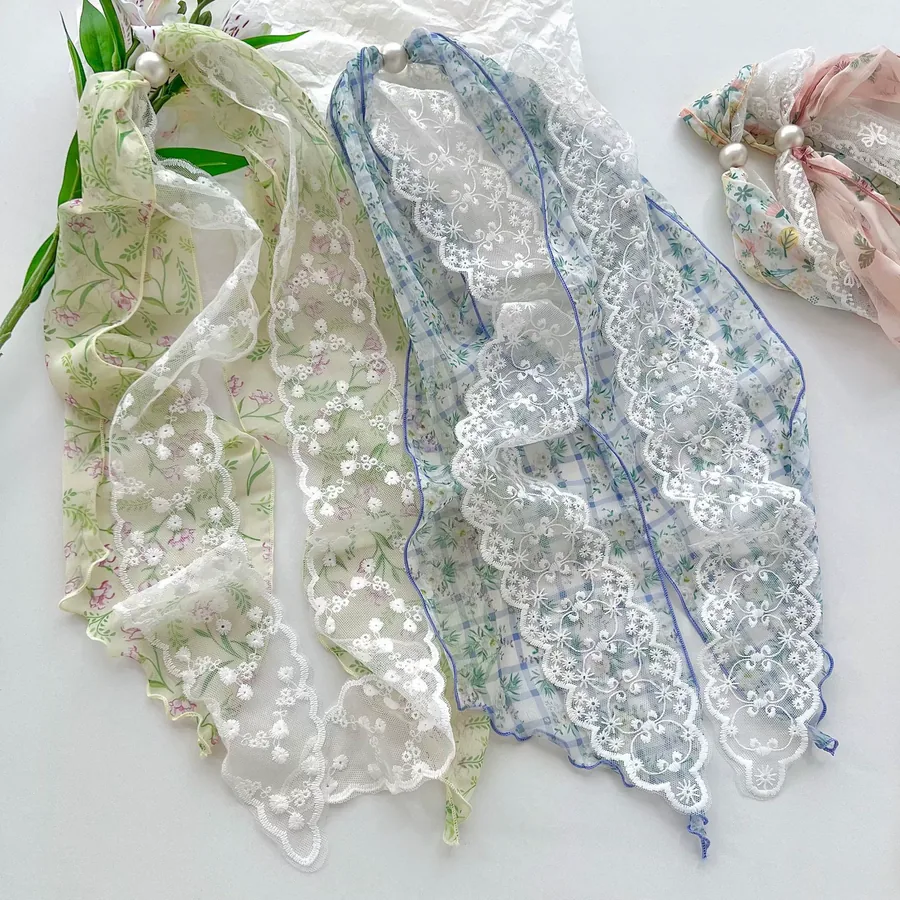 Lace Trim Long Scarf with Floral Print