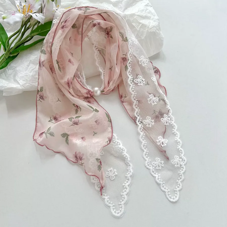 Lace Trim Long Scarf with Floral Print view 7