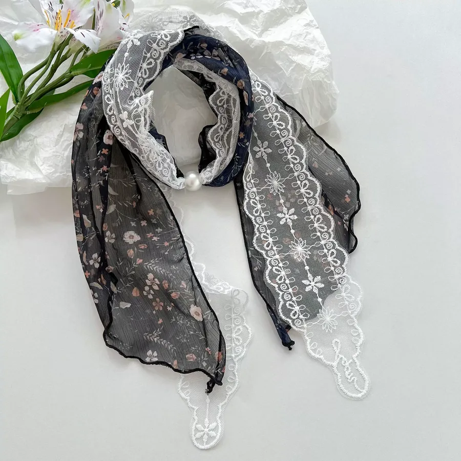 Lace Trim Long Scarf with Floral Print view 10