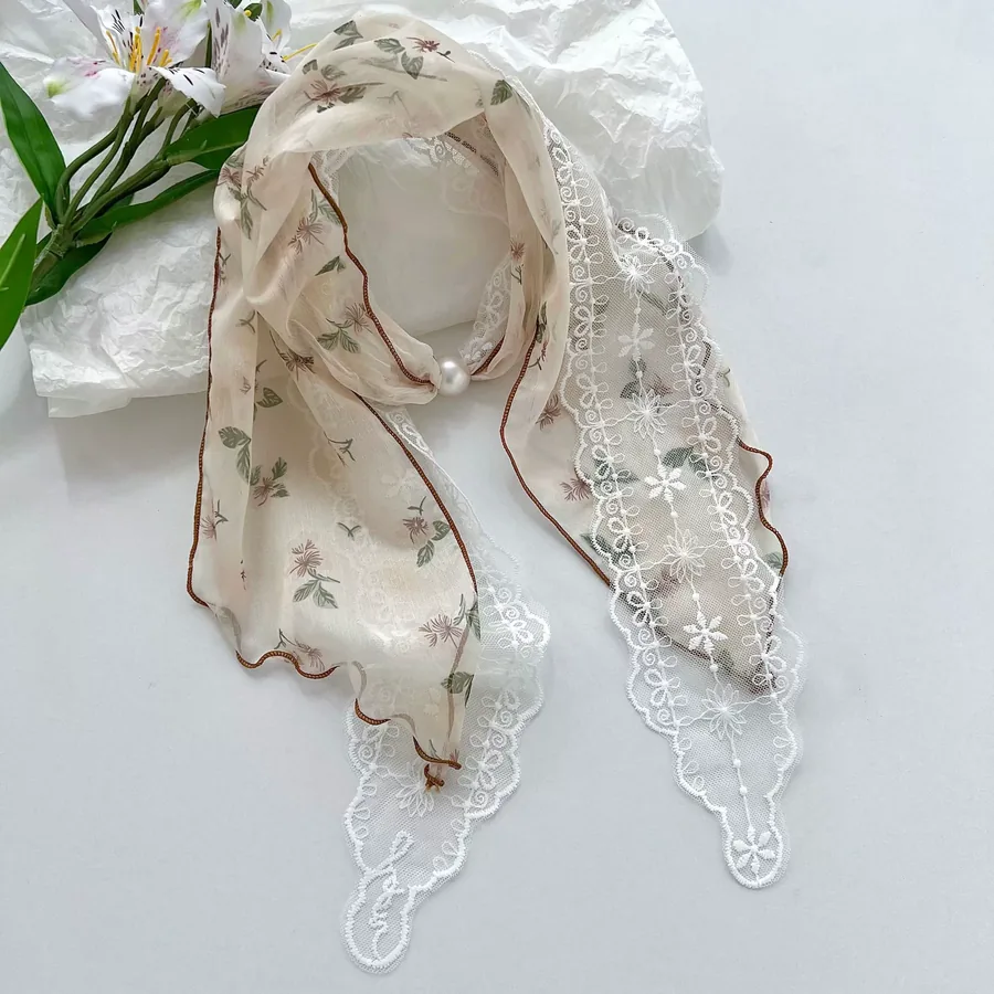 Lace Trim Long Scarf with Floral Print view 12