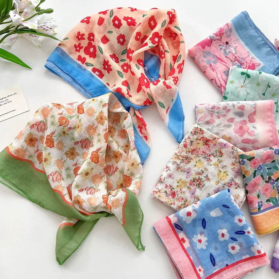 Cotton Linen Square Scarf with Floral Print