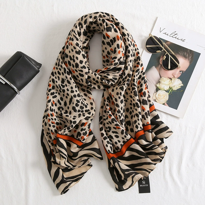 Leopard Print Cotton-Linen Scarf Wrap view 3