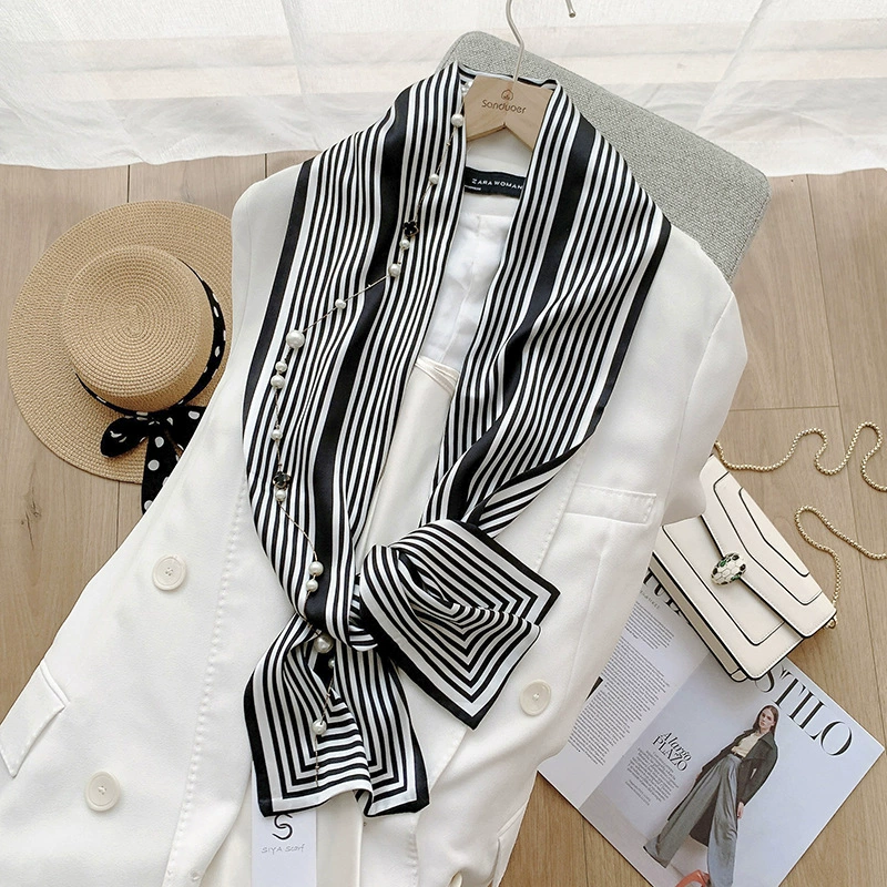 Striped Silk-Look Long Twilly Scarf view 3