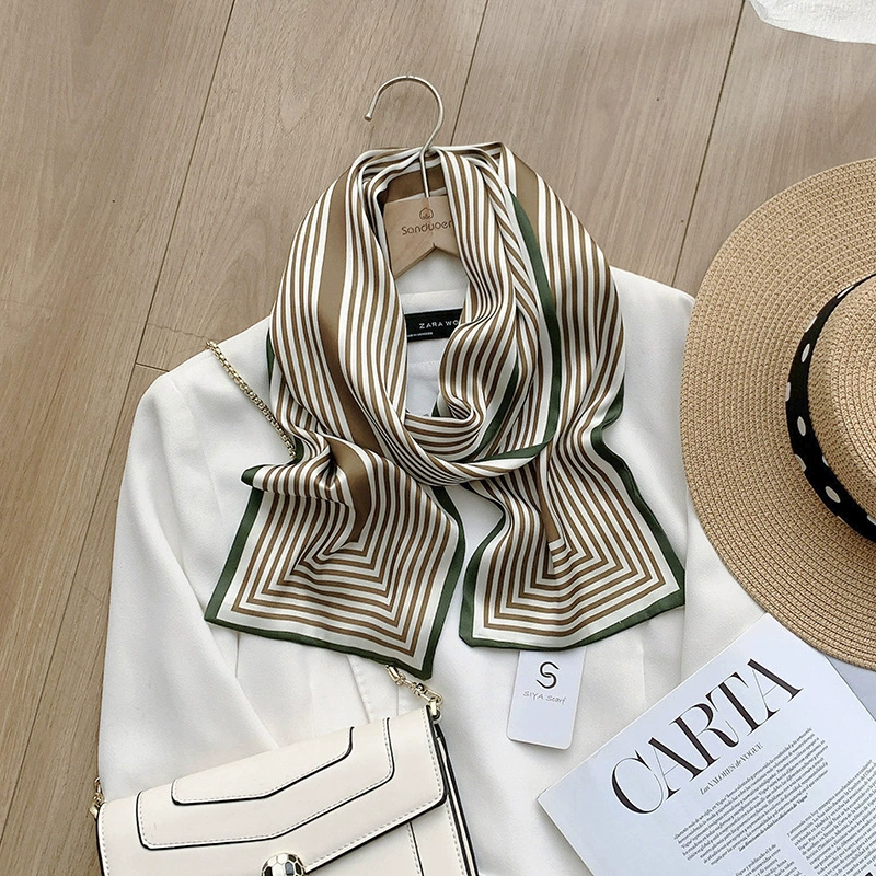 Striped Silk-Look Long Twilly Scarf view 4