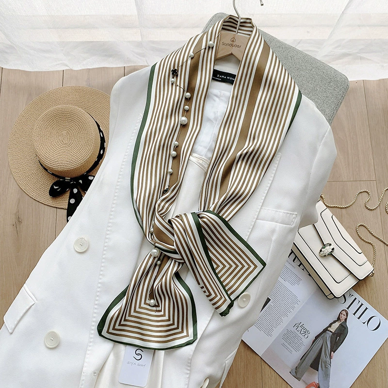 Striped Silk-Look Long Twilly Scarf view 6