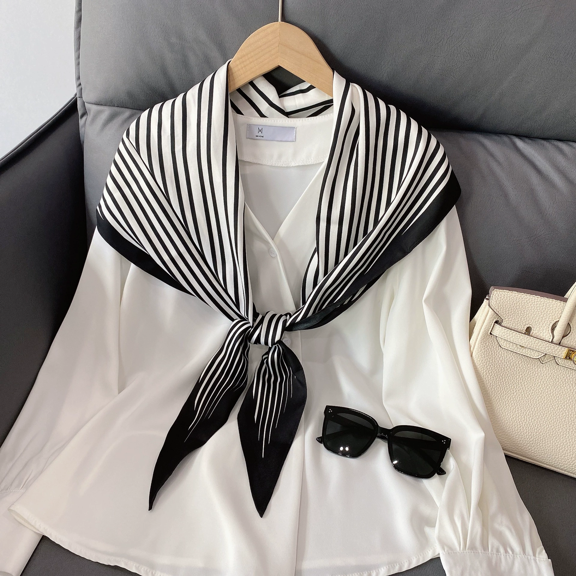 Striped Silk-Look Triangle Scarf view 4
