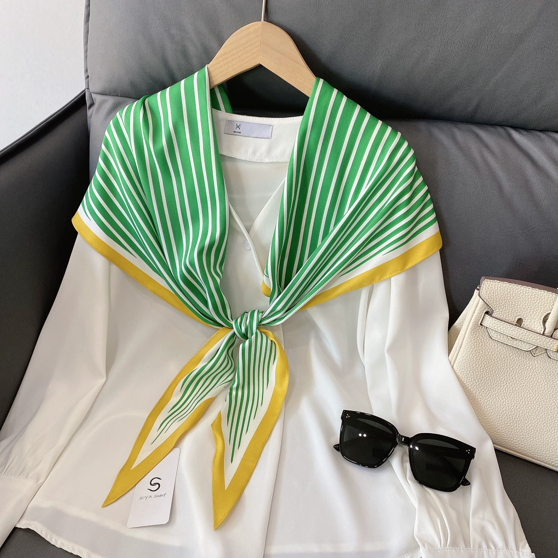 Striped Silk-Look Triangle Scarf view 7