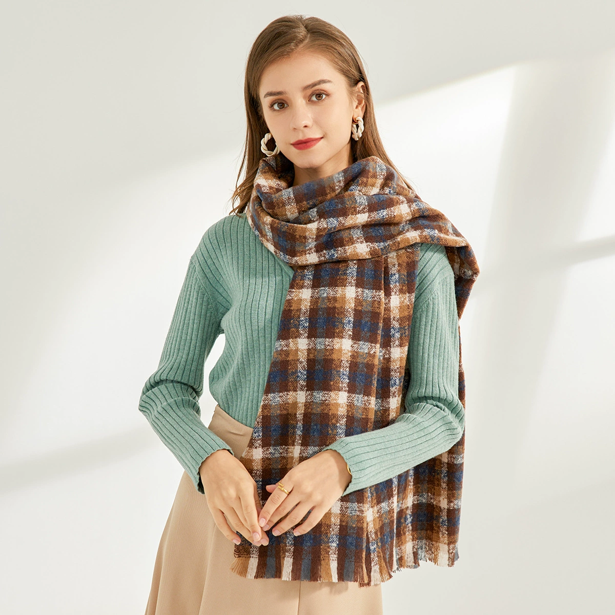 Plaid Print Fringed Scarf Wrap view 2