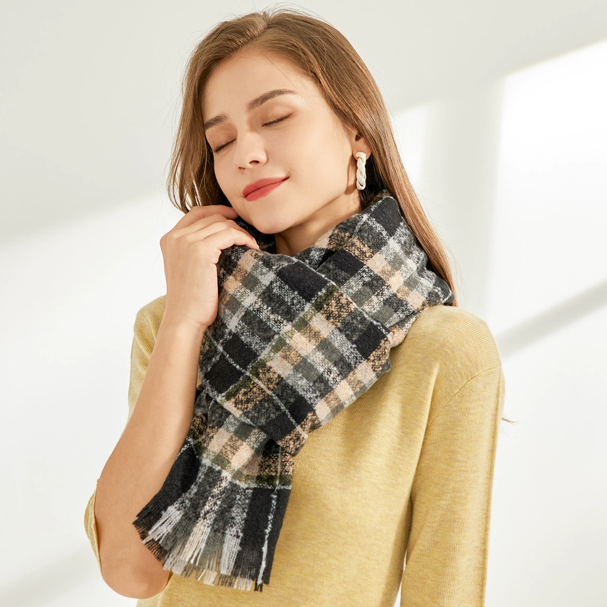 Plaid Print Fringed Scarf Wrap view 3