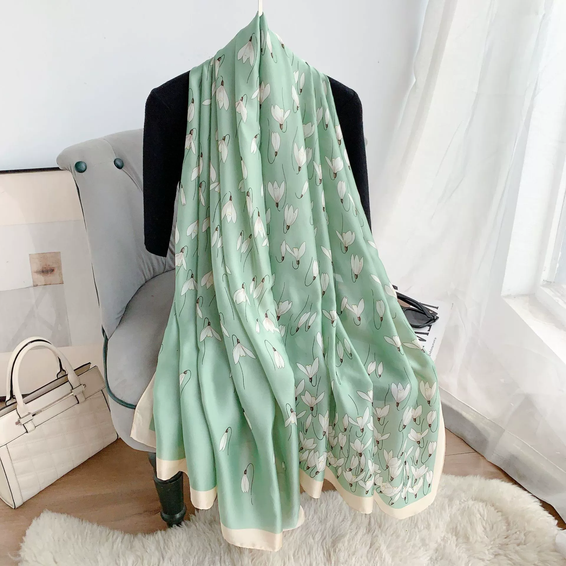 Green Silk-Look Long Scarf view 2