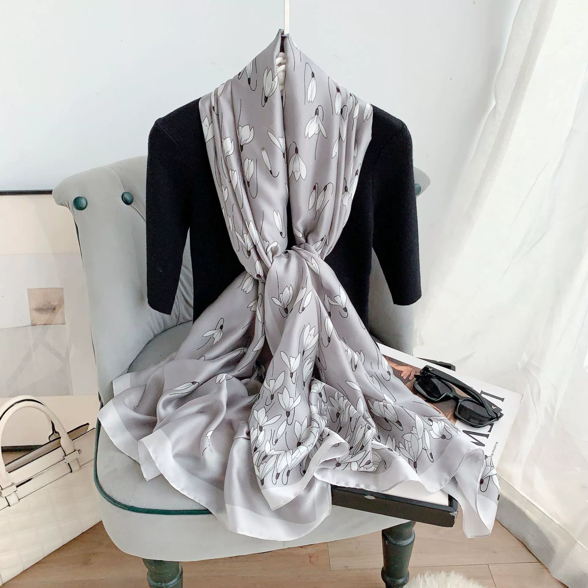 Green Silk-Look Long Scarf view 3