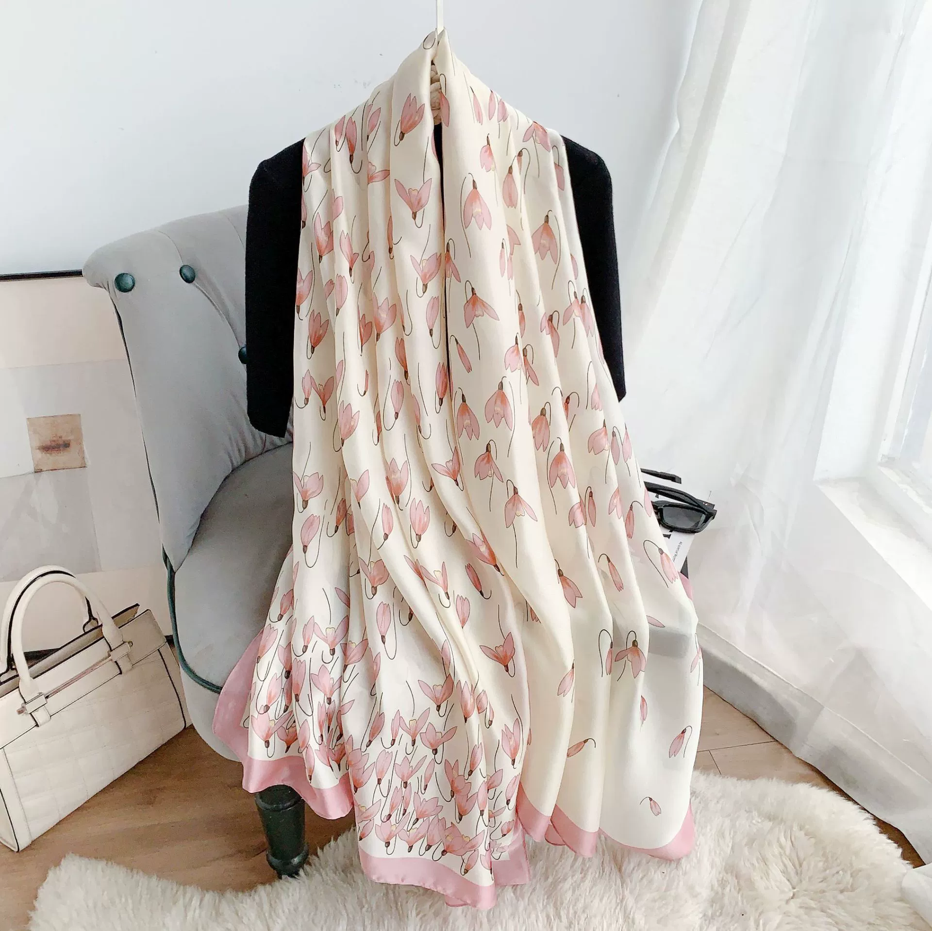 Green Silk-Look Long Scarf view 4