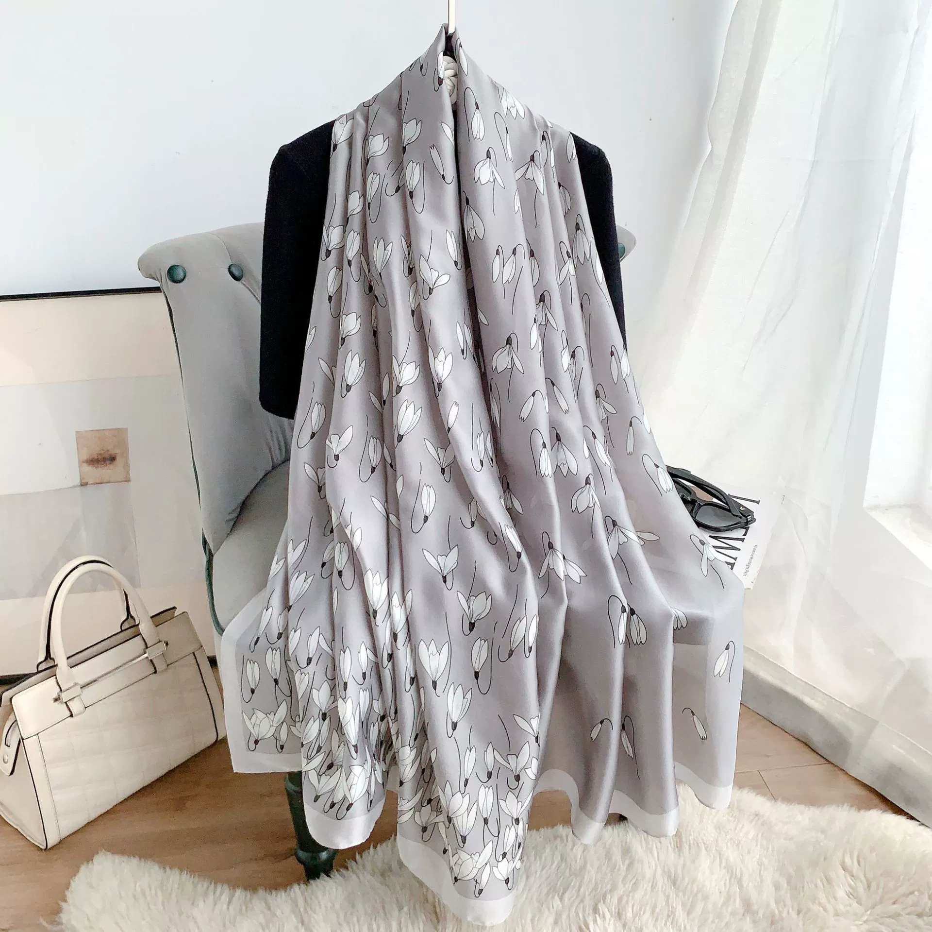 Green Silk-Look Long Scarf view 6