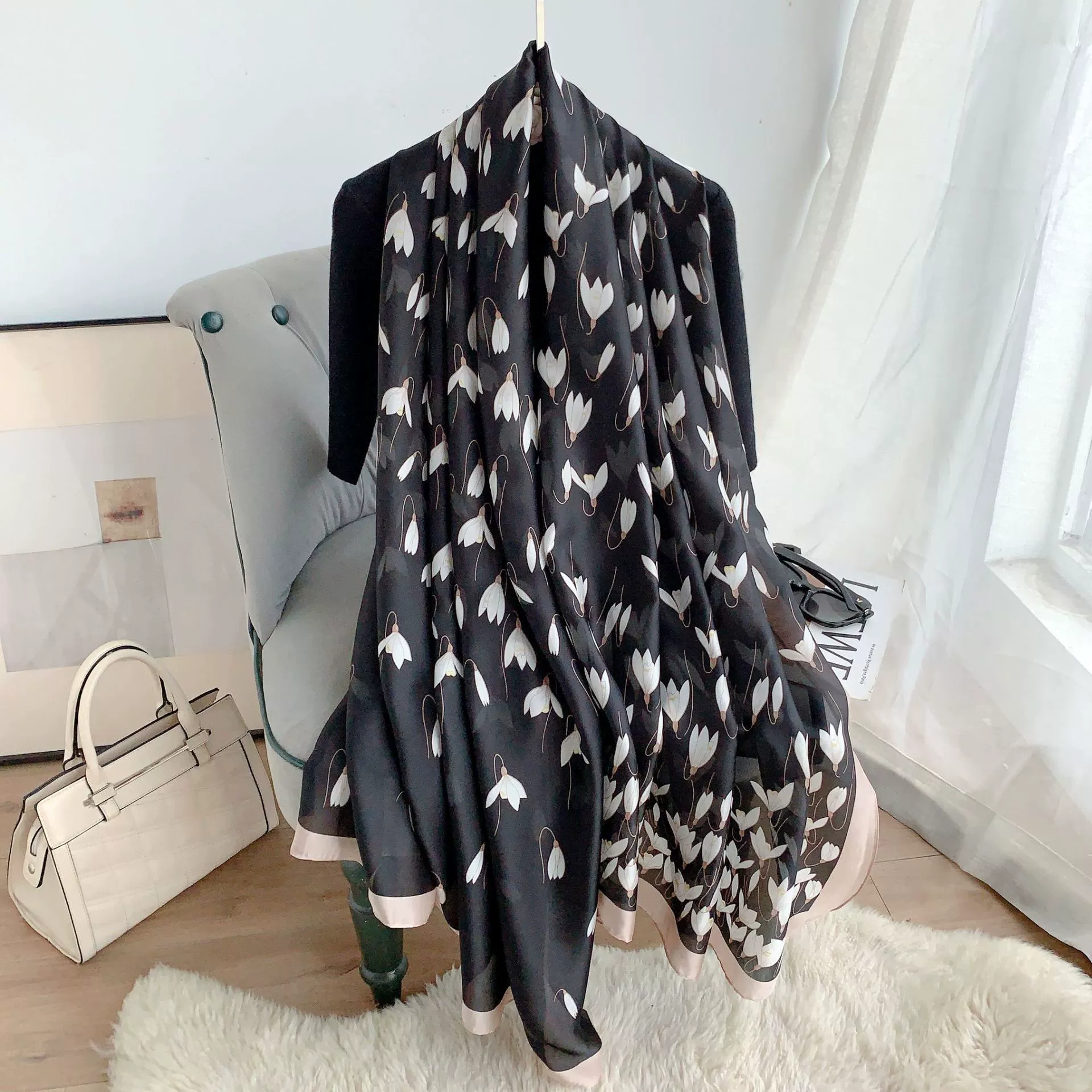 Green Silk-Look Long Scarf view 7