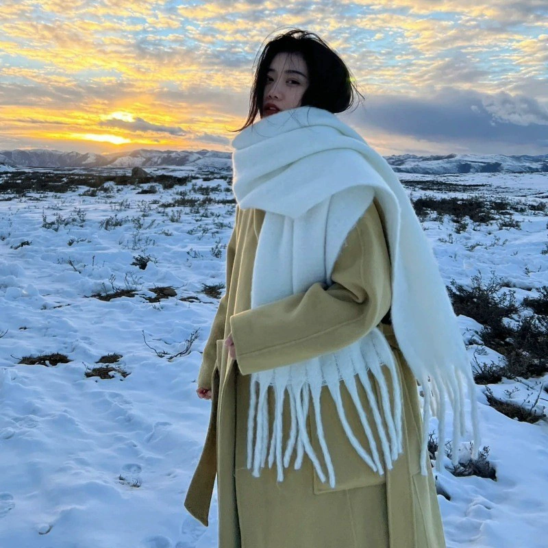 Mohair Knit Scarf with Fringe for Women