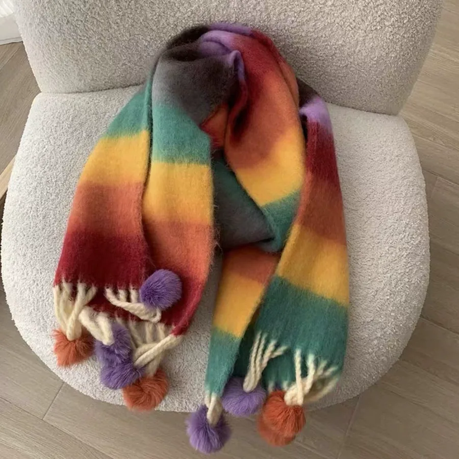Rainbow Pom Pom Scarf view 4