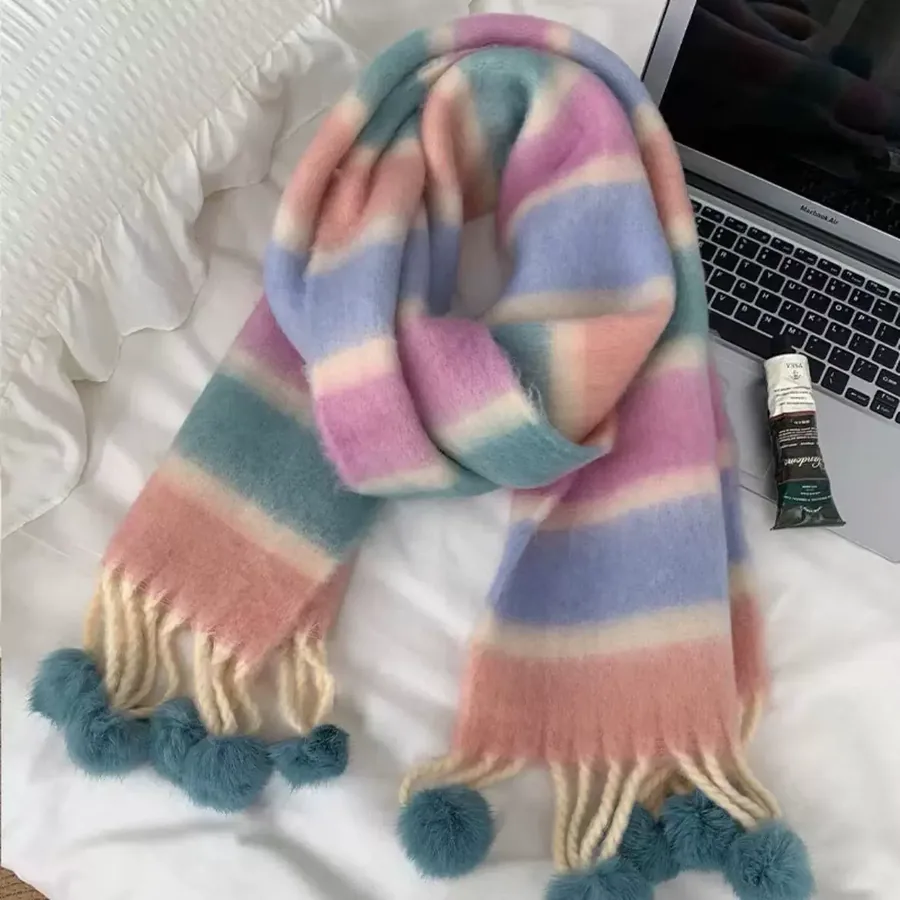 Rainbow Pom Pom Scarf view 6