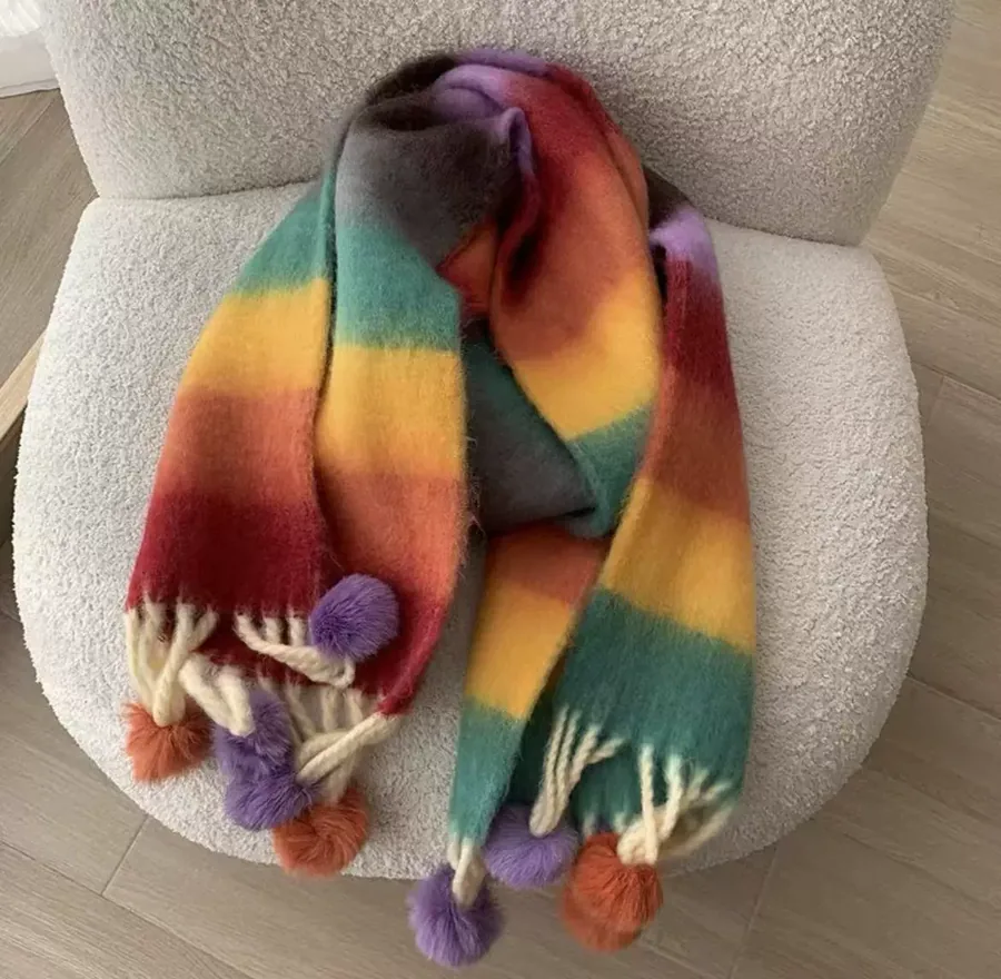 Rainbow Pom Pom Scarf view 7