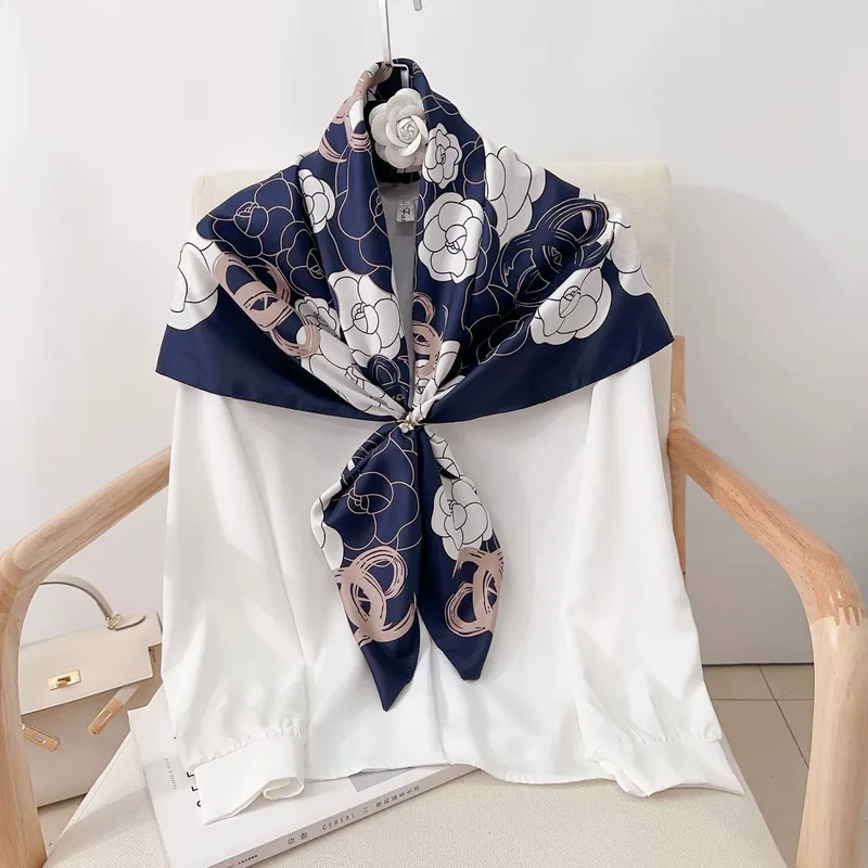 90cm Camellia Print Square Scarf