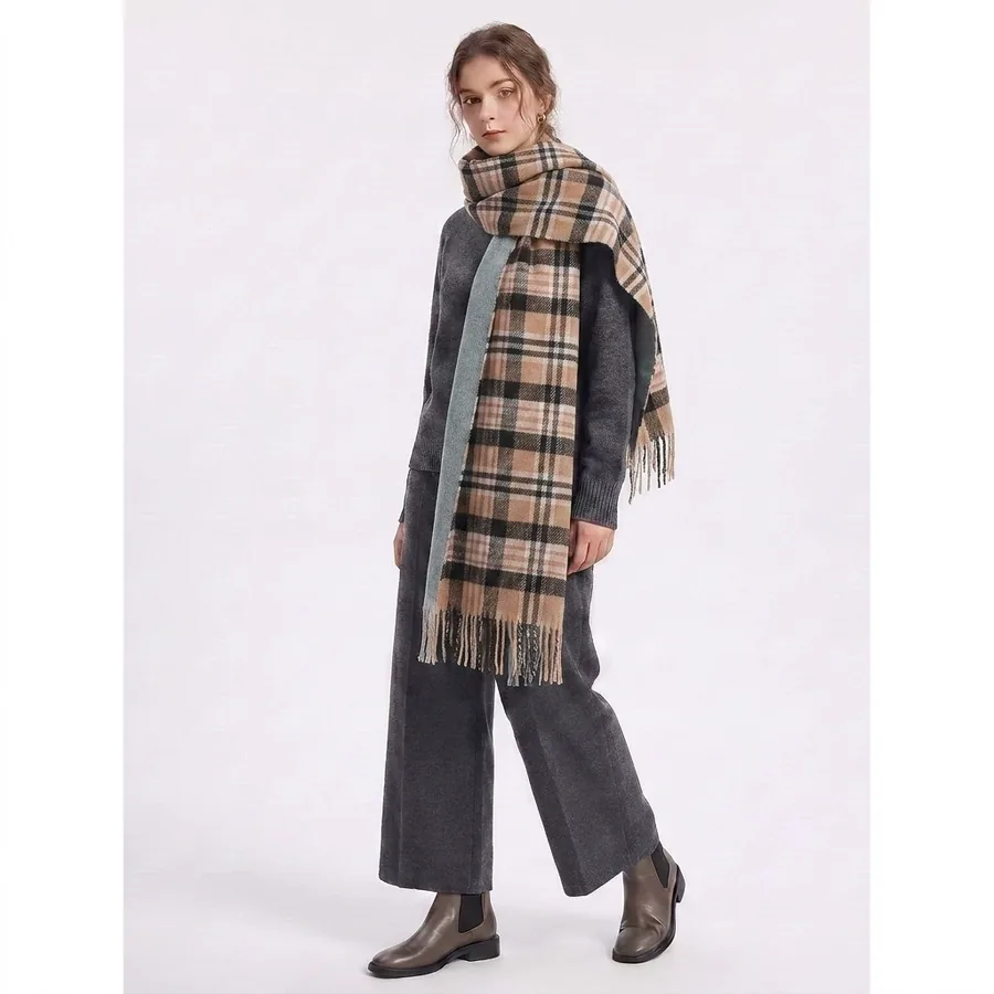 Acrylic Plaid Scarf with Fringe