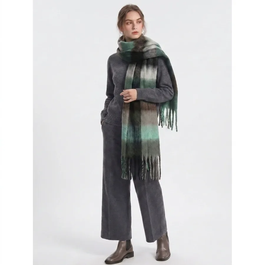 Polyester Mohair Plaid Scarf with Fringe