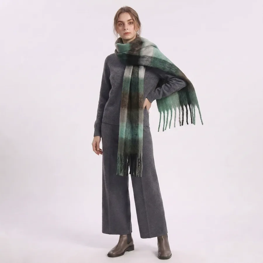 Polyester Mohair Plaid Scarf with Fringe view 2