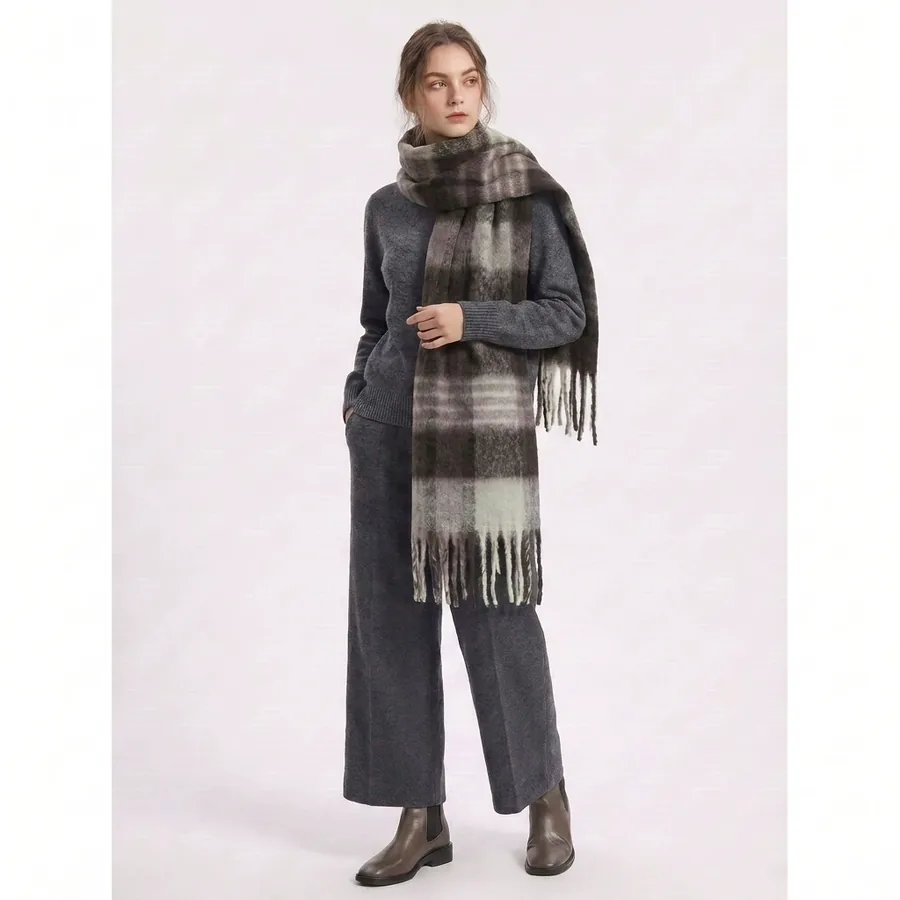 Polyester Plaid Scarf with Fringe view 2