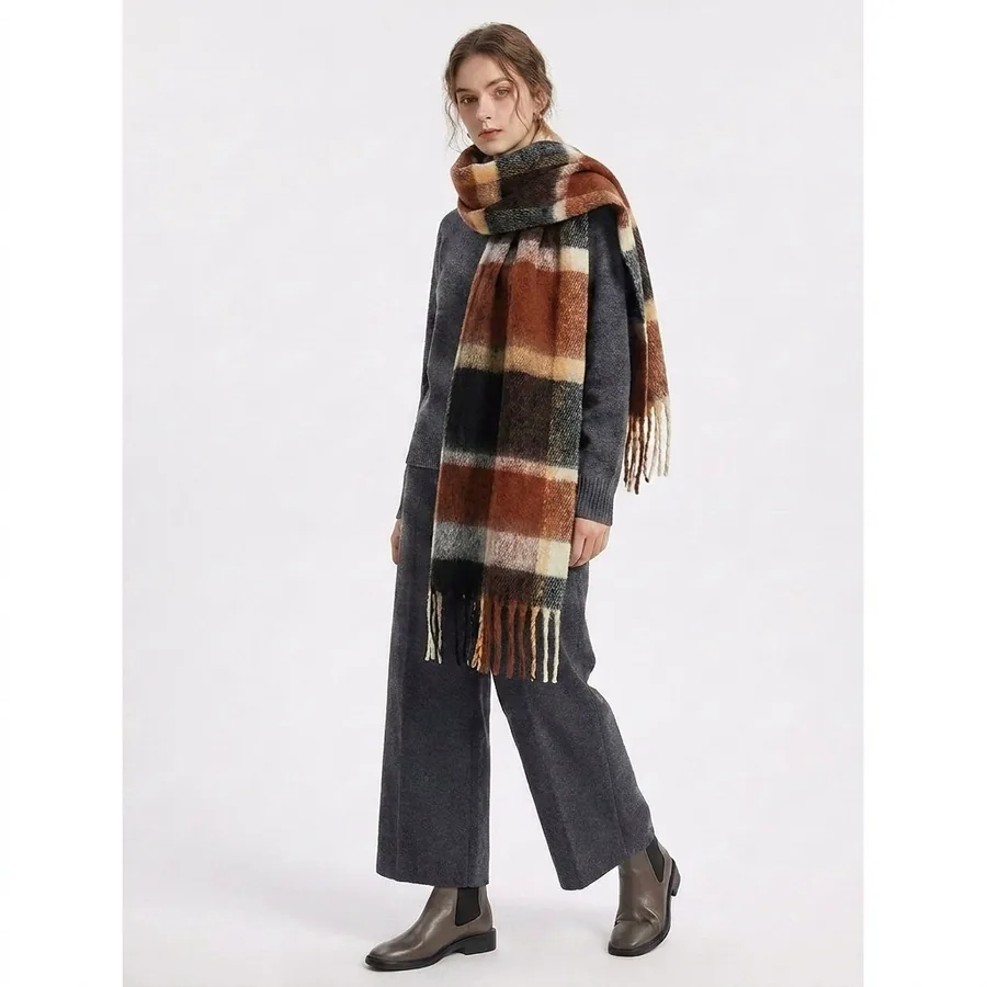 Polyester Rainbow Plaid Scarf with Fringe