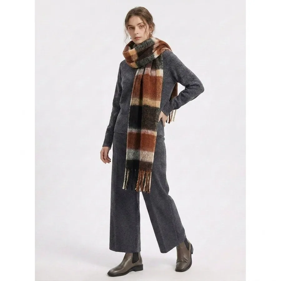Polyester Rainbow Plaid Scarf with Fringe view 2