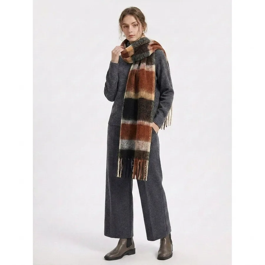 Polyester Rainbow Plaid Scarf with Fringe view 3