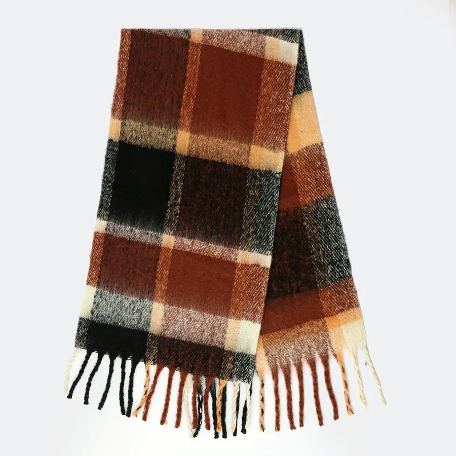 Polyester Rainbow Plaid Scarf with Fringe view 5